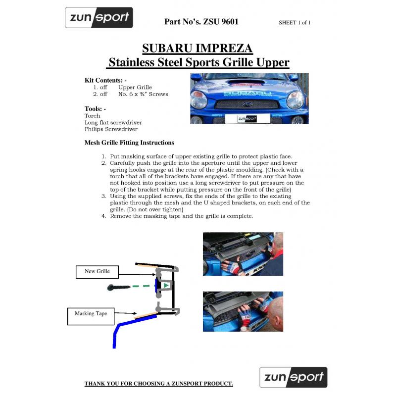 Zunsport Upper Radiator Grille 2002-2003 Impreza/WRX